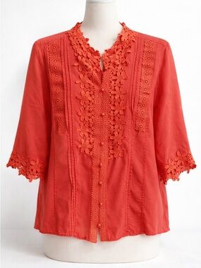 Mazik Orange Lace Trim Blouse Embroidered Boho Top Short Sleeve